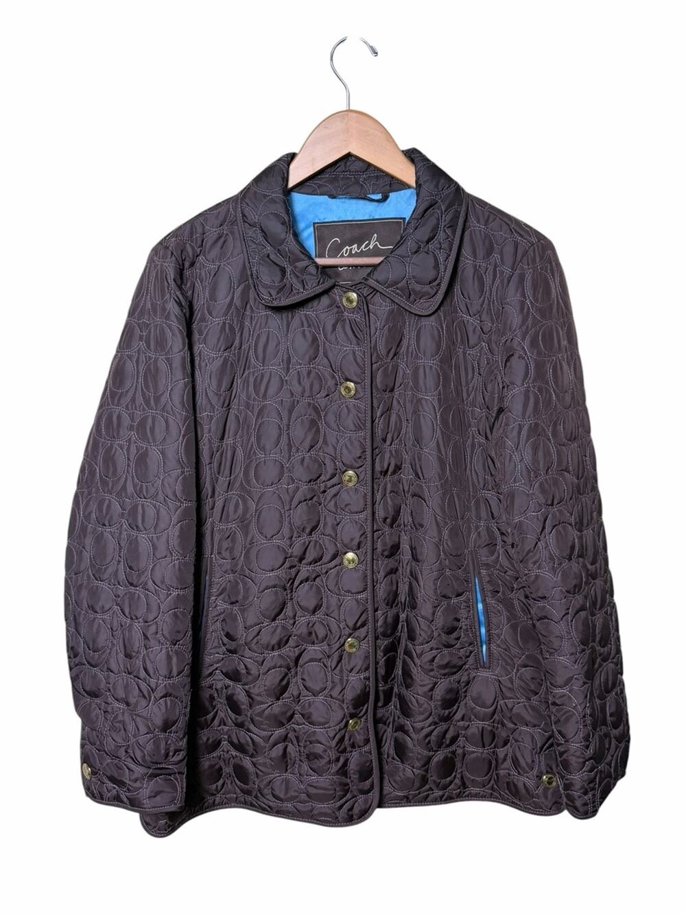 Coach Signature Quilted Jacket Brown Blue Lined Y2K Preppy Size Medium - Picture 1 of 10